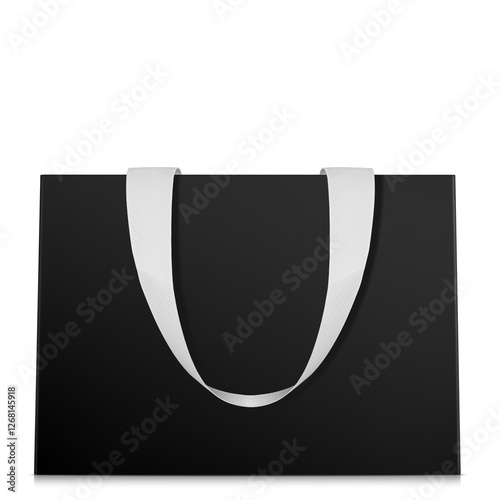 A stylish black paper shopping bag with elegant white ribbon handles, perfect for luxury packaging and branding