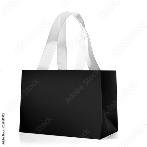 A stylish black paper shopping bag with elegant white ribbon handles, perfect for luxury packaging and branding