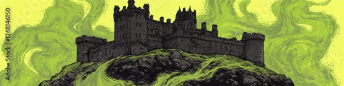 Mysterious Medieval Castle Illustration on Rocky Hill with Enigmatic Green Swirling Mist - Vector Art Depicting Historic Architecture and Fantasy Imagery