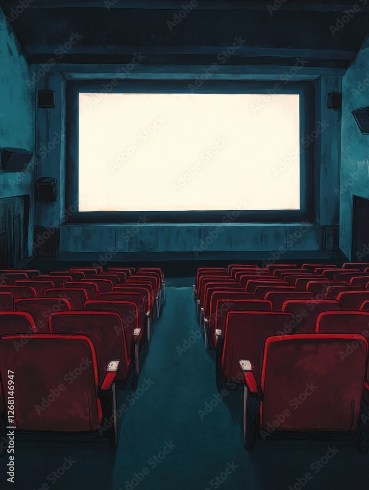 Fototapeta premium Empty cinema hall ready for screening with red chairs and large projection screen at night. Generative AI