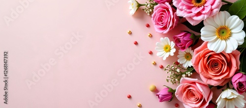 Floral arrangement with pink roses and white daisies on a light pink background, with copy space on the left.