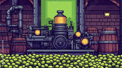 Intricate Vector Illustration of Industrial Fruit Processing Machine with Green Apples and Vintage Barrels in Steampunk Style for Artistic Design Inspiration