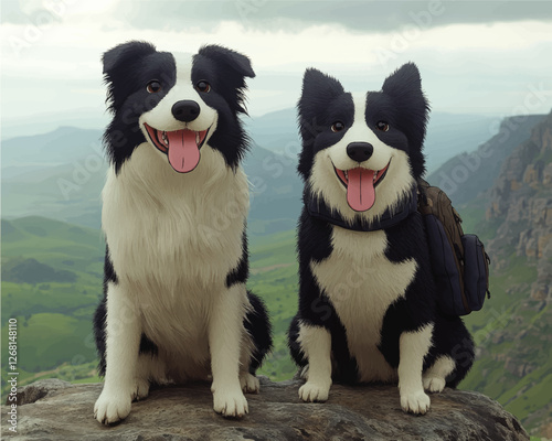 Adorable Border Collie Dogs Sitting on Rocky Mountain Overlooking Scenic Valley - Nature Adventure, Hiking Gear, Happy Pets Illustration, Stunning Digital Artwork