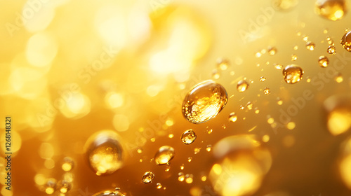 Close-up of golden water droplets on a sparkling background, creating a shimmering effect with soft bokeh lights, symbolizing luxury, purity, and elegance. photo