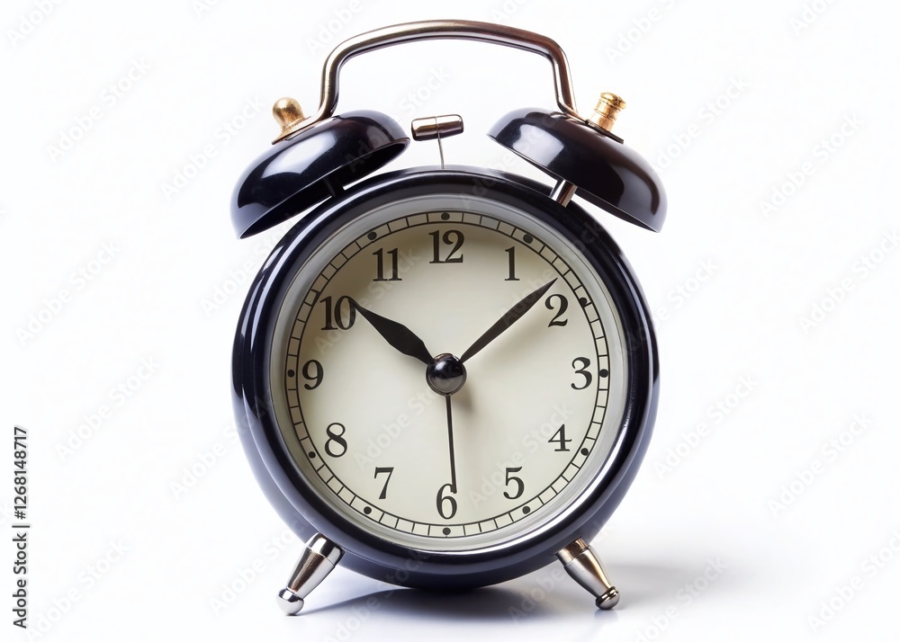 Black Alarm Clock Showing 9 AM, Isolated White Background - Stock Photo Black Alarm Clock Showing 9 AM, Isolated White Background - Stock Photo