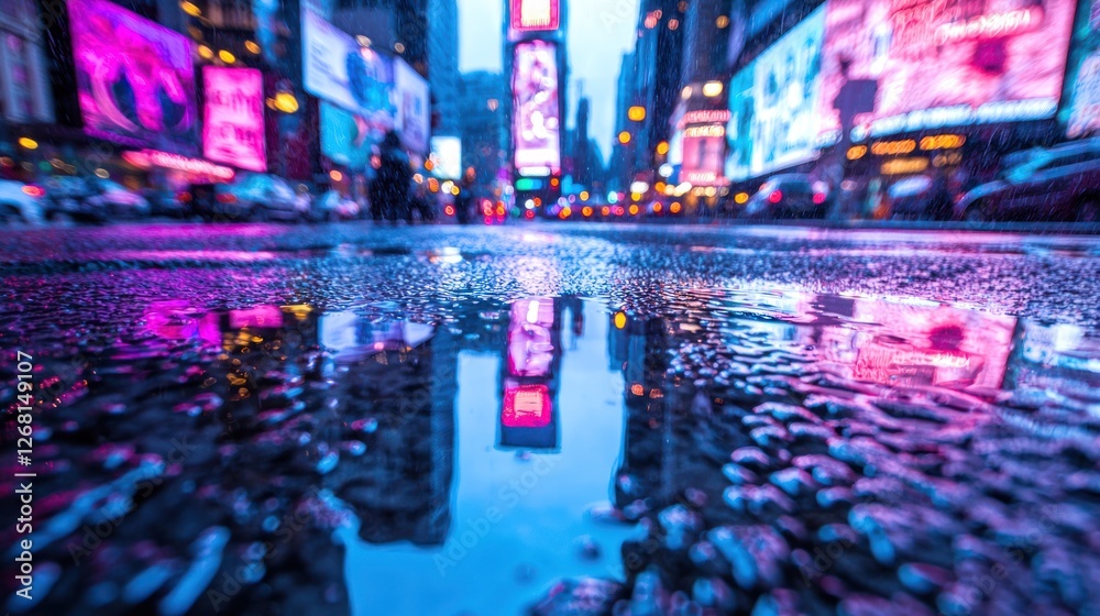 Neon Cityscape Reflection In Rainy Puddle Neon Cityscape Reflection In Rainy Puddle