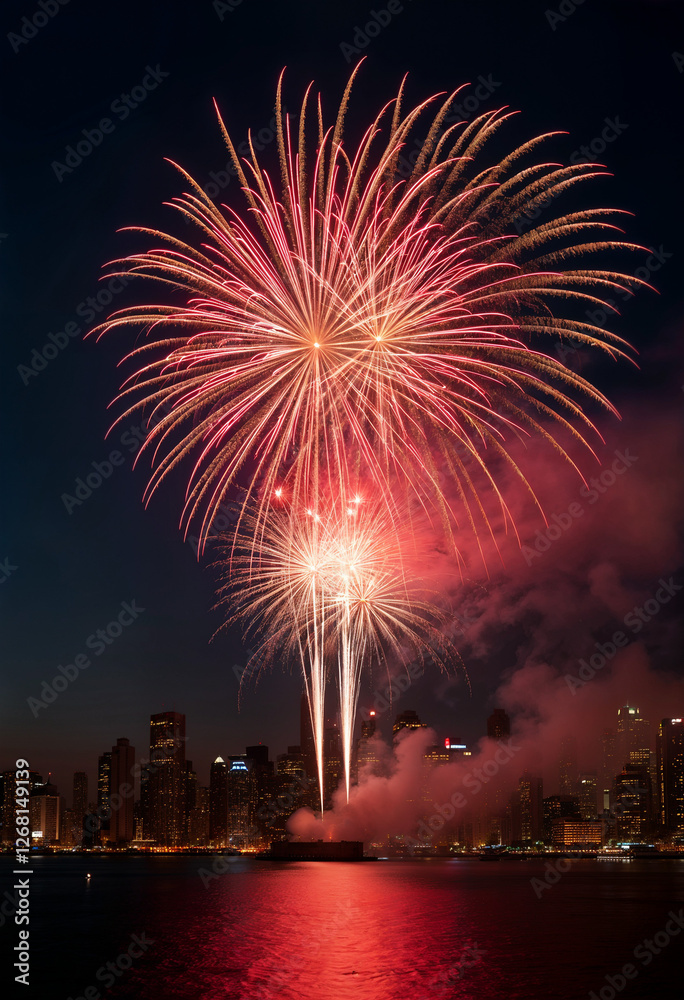 Festive New Year's Eve fireworks exploding over a city Festive New Year's Eve fireworks exploding over a city