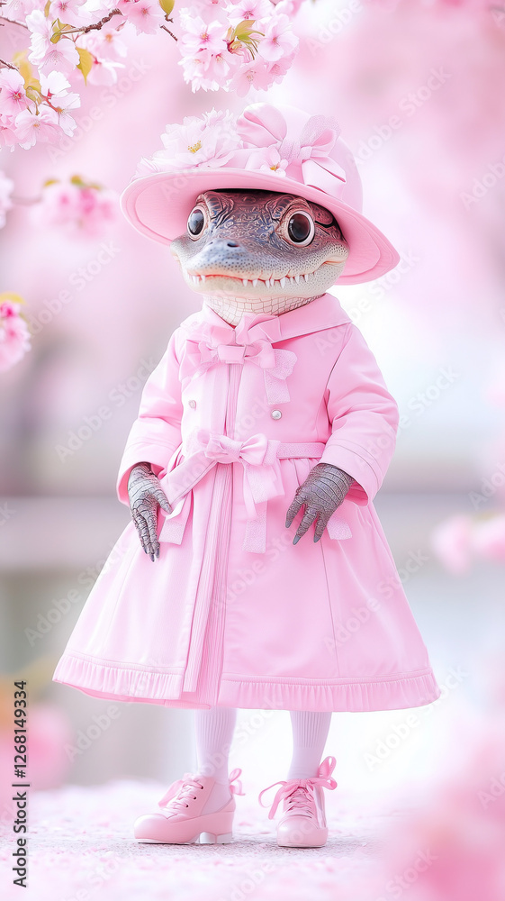 Fototapeta premium Colorful spring celebration featuring a cute lizard dressed in a pink coat and hat surrounded by blooming cherry blossoms