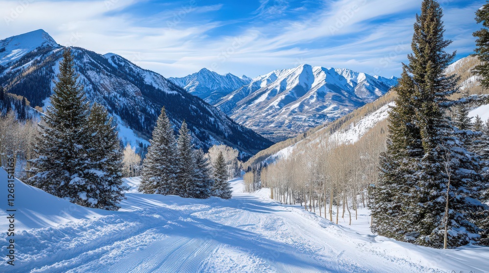 Fototapeta premium Scenic Winter Wonderland: Snow-Covered Mountains and Evergreen Forests