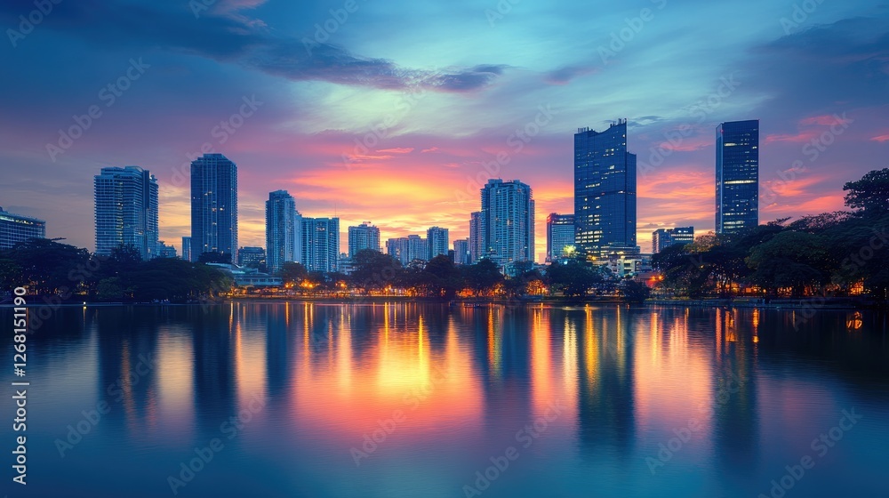 Fototapeta premium Skyscrapers Reflecting in a Calm Lake at Sunset