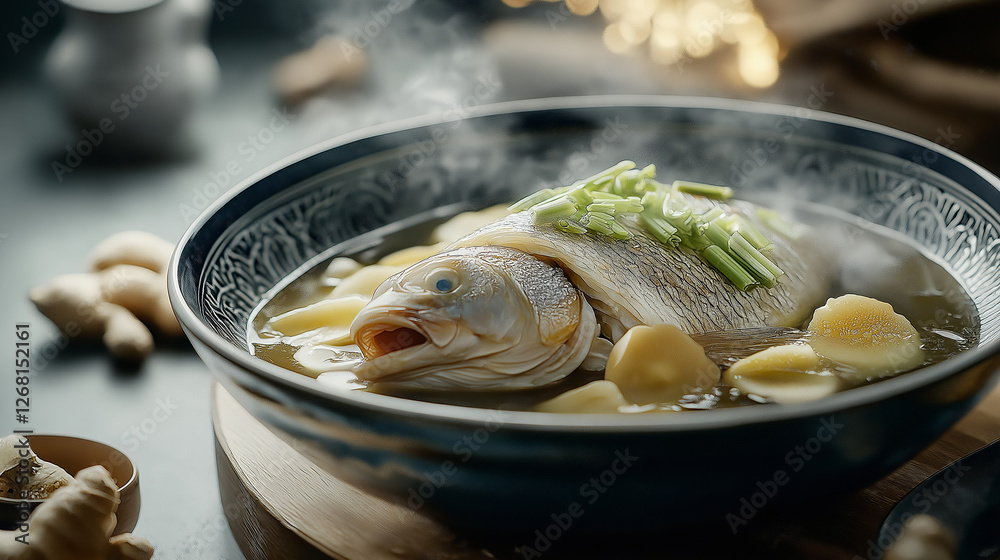 Whole steamed fish with ginger pieces and copy space
