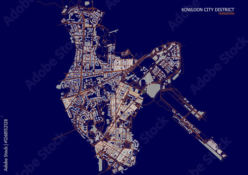 vector map of highways and buildings in kowloon district of hongkong with blue and orange color