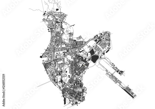 vector map of highways and buildings in kowloon district of hongkong with blue and orange color