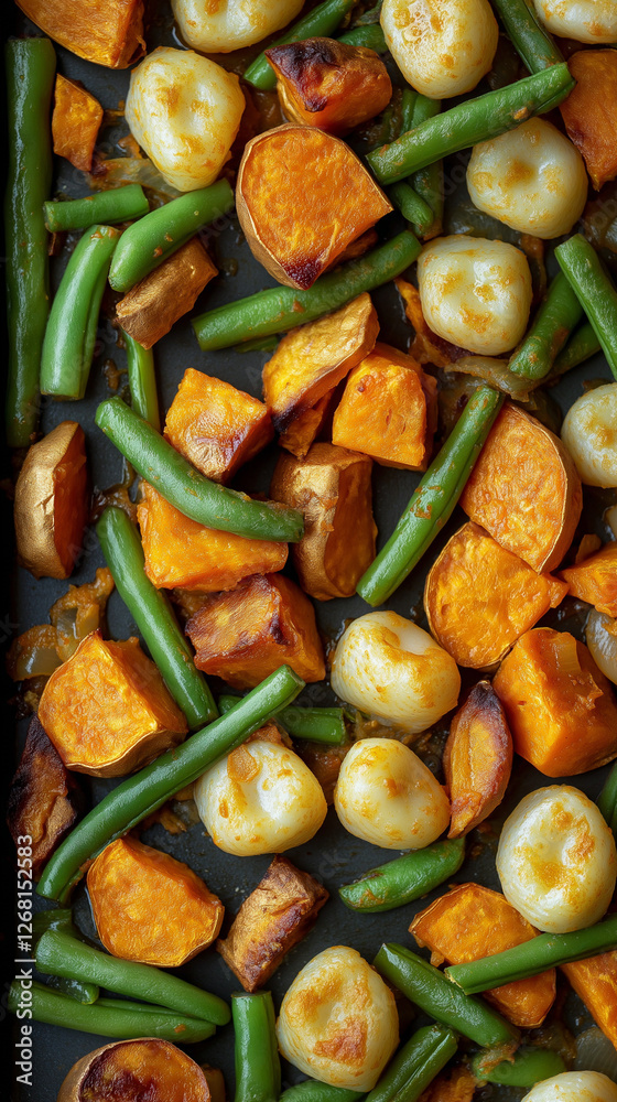 Overhead view of gnocchi, sweet potatoes and green beans vertical Overhead view of gnocchi, sweet potatoes and green beans vertical