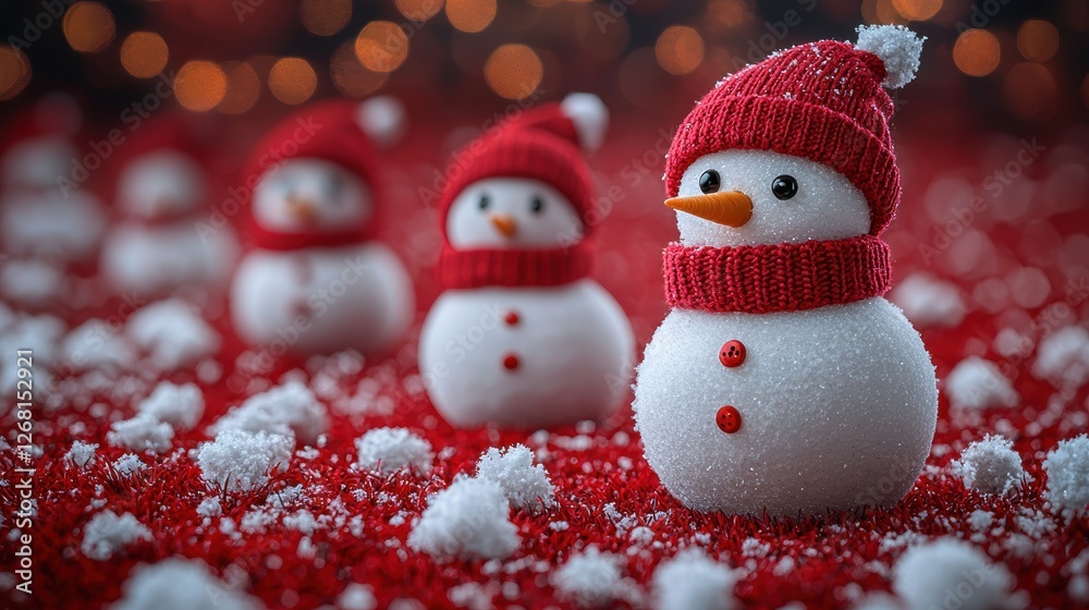 Obraz premium Cute snowmen wearing red hats and scarves on a festive background.