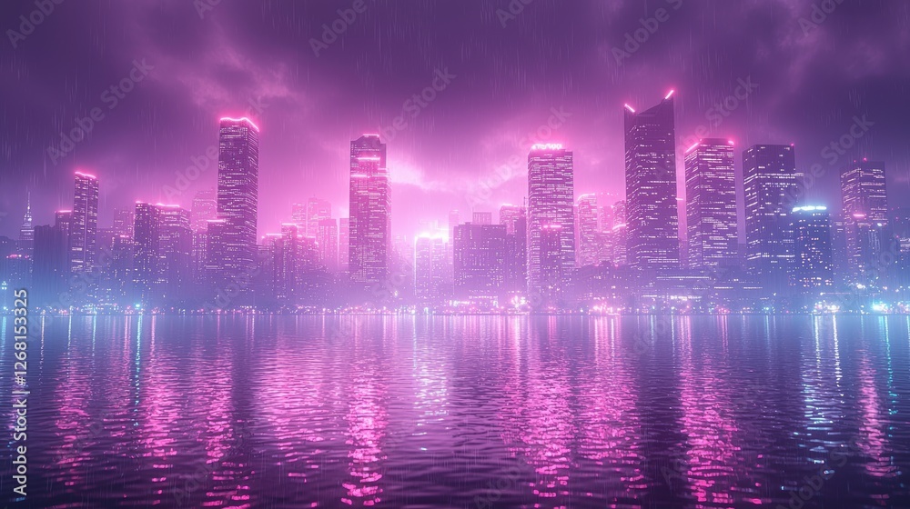 Fototapeta premium A vibrant city skyline illuminated in pink hues reflecting on water.