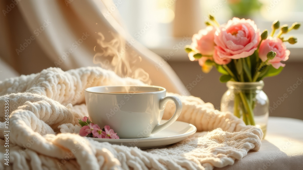 hot tea in white mug, white cozy blanket, spring atmosphere, window, sunny day, bouquet of flowers in vase, card, copy space hot tea in white mug, white cozy blanket, spring atmosphere, window, sunny day, bouquet of flowers in vase, card, copy space