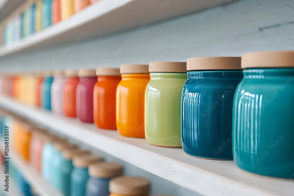 Multicolored ceramic jars on shelves. Generative AI Multicolored ceramic jars on shelves. Generative AI