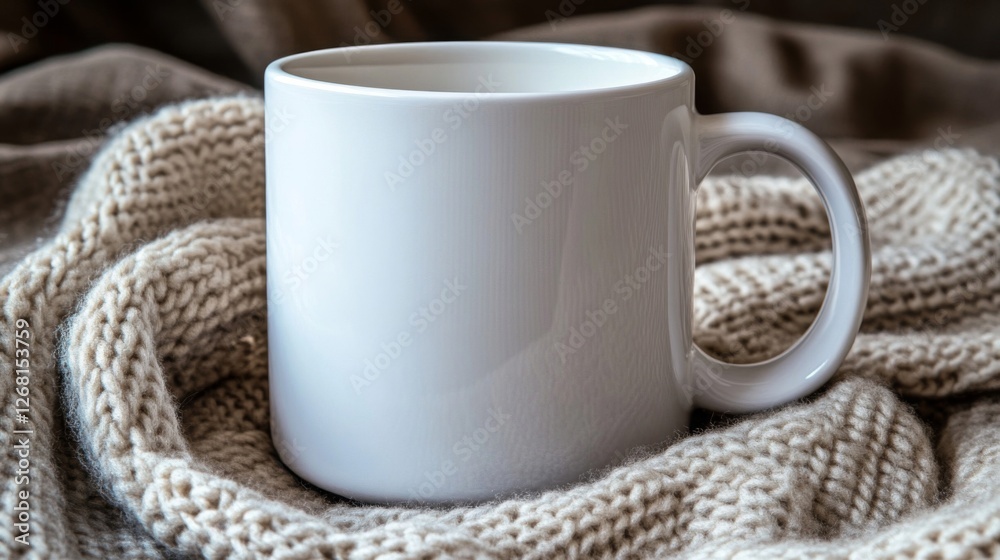 White Ceramic Mug on Beige Knitted Scarf Close Up Still Life Composition White Ceramic Mug on Beige Knitted Scarf Close Up Still Life Composition