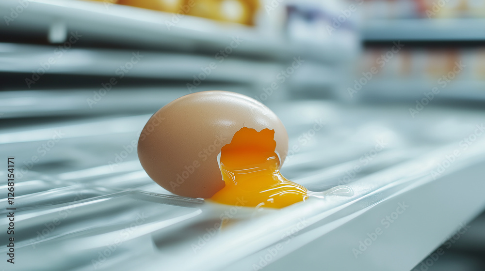 Egg with yolk spilling out on a refrigerated display shelf