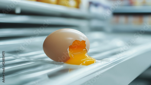 Obraz na płótnie Egg with yolk spilling out on a refrigerated display shelf w salonie