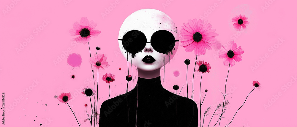 Obraz premium Futuristic portrait of a figure with a white head and black sunglasses surrounded by pink flowers and a vibrant background collage