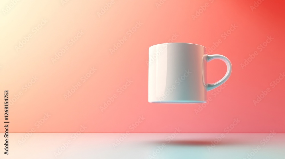 White Ceramic Mug Floating on a Two Tone Pink Background in Studio Setting White Ceramic Mug Floating on a Two Tone Pink Background in Studio Setting