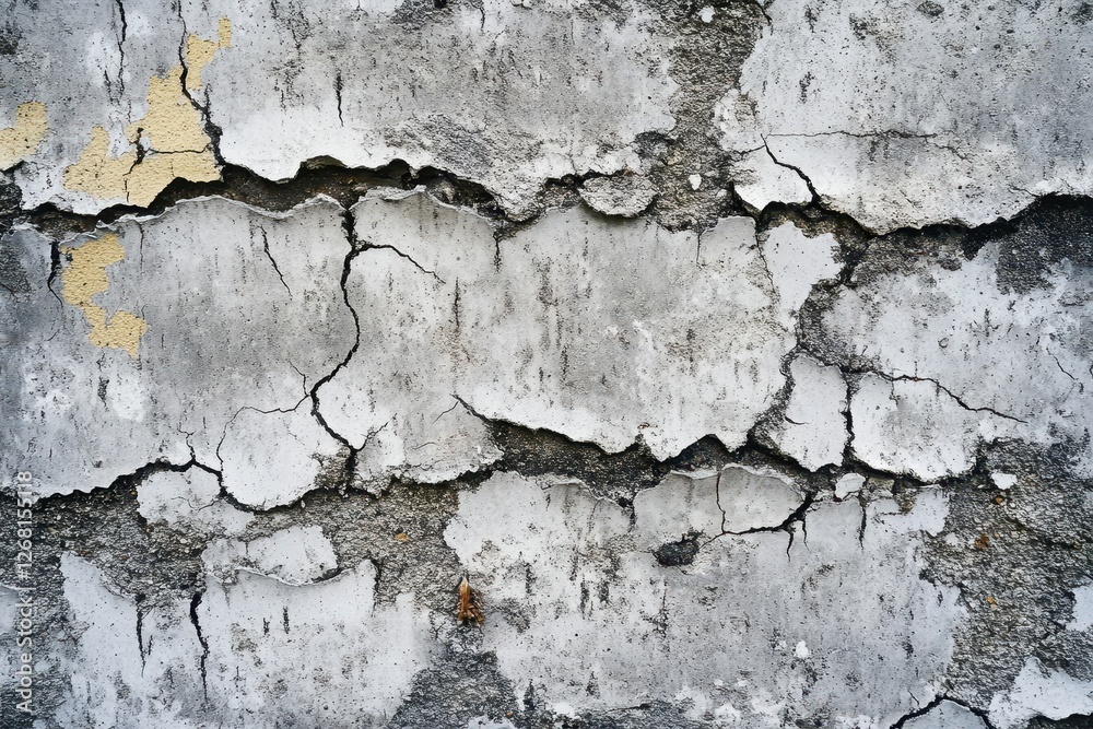 Fototapeta premium Cracked concrete wall with peeling paint displays aging texture