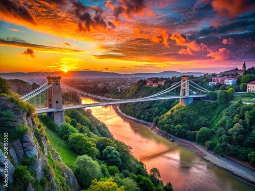 Clifton Suspension Bridge Iconic Landscape at Sunset, Bristol, England photo