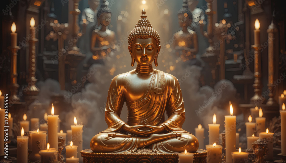Golden Buddha statue with flickering candlelight, radiating peace and wisdom Golden Buddha statue with flickering candlelight, radiating peace and wisdom
