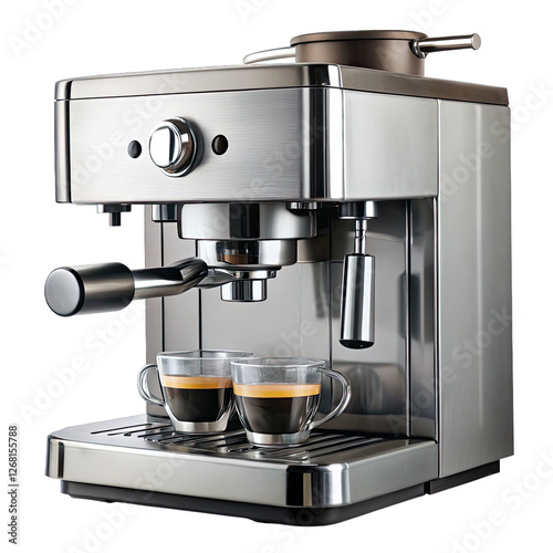 Two cups of freshly brewed espresso are positioned under a stylish coffee machine on a neutral backdrop showcasing its modern design and brewing capabilities