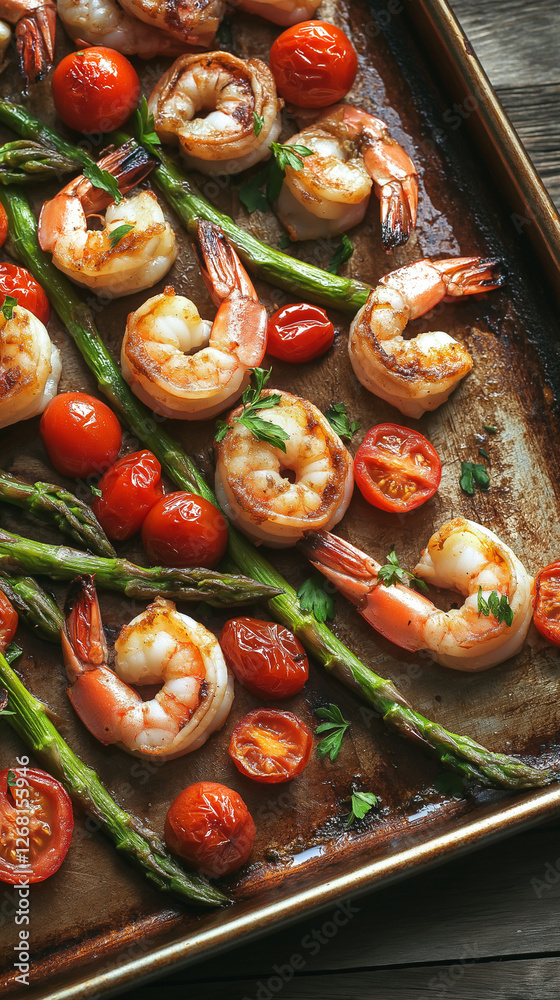 Overhead sheet pan shrimp dinner with vegetables