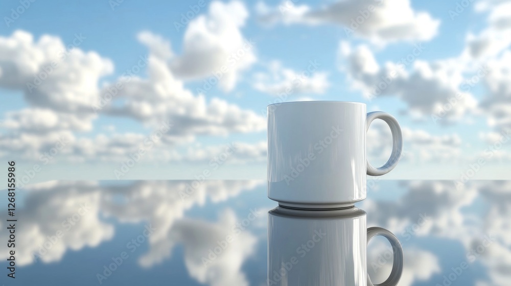 Obraz premium White Mug Reflecting Cloudy Blue Sky On A Glossy Surface For Wallpaper Background