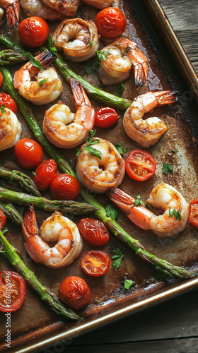 Obraz na płótnie Overhead sheet pan shrimp dinner with vegetables w salonie