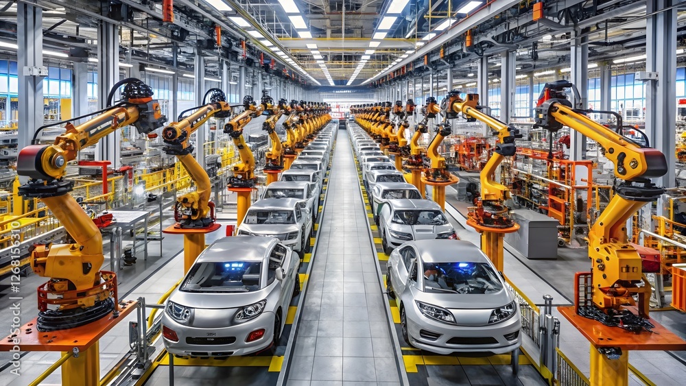 Naklejka premium Modern Car Assembly Line with Robots