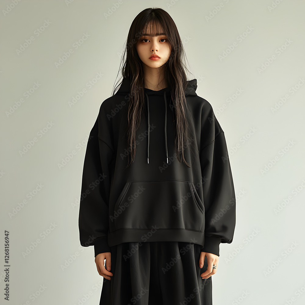 Fototapeta premium Urban Streetwear Fashion: Trendy Black Hoodie Model in Casual Winter Outfit