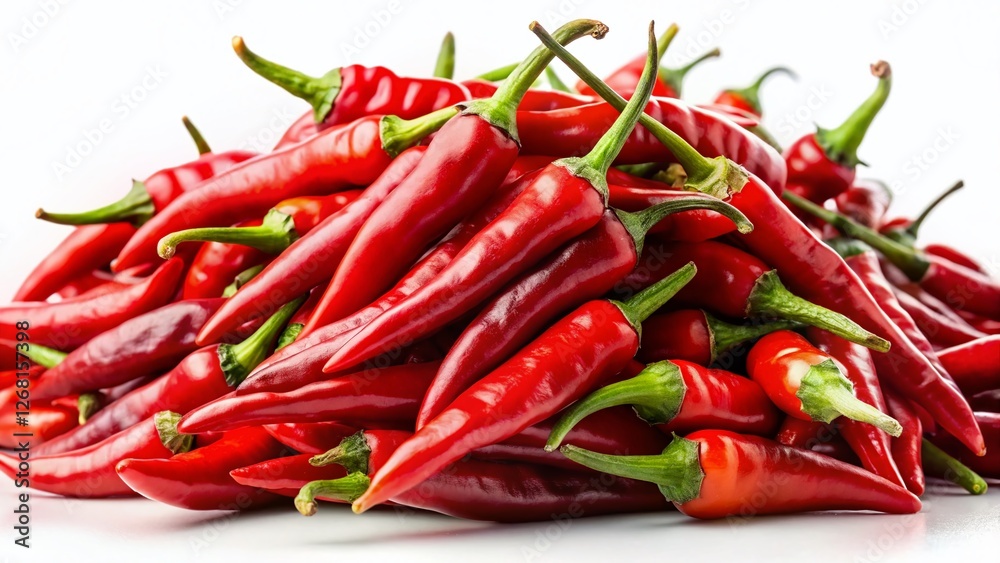 Close-up Pile of Vibrant Hanoi Red Chili Peppers on White Background Close-up Pile of Vibrant Hanoi Red Chili Peppers on White Background