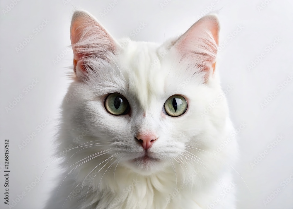 Close-Up Portrait of a White Cat Staring Directly at the Camera on a Pure White Background - Stock Photo Close-Up Portrait of a White Cat Staring Directly at the Camera on a Pure White Background - Stock Photo