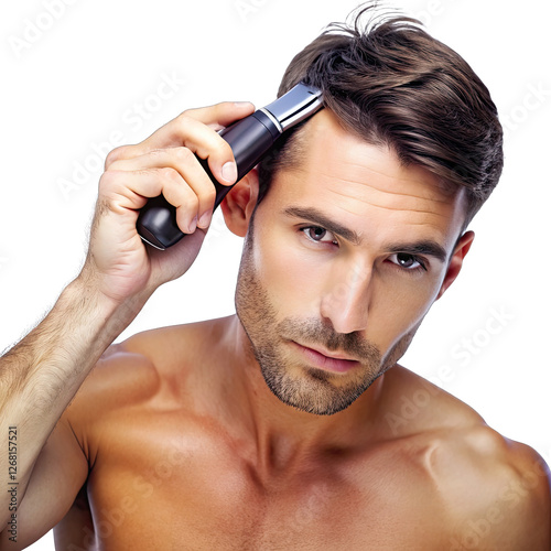 A man is focused on trimming his hair with an electric trimmer while standing in a bright indoor environment showcasing a neat grooming routine
