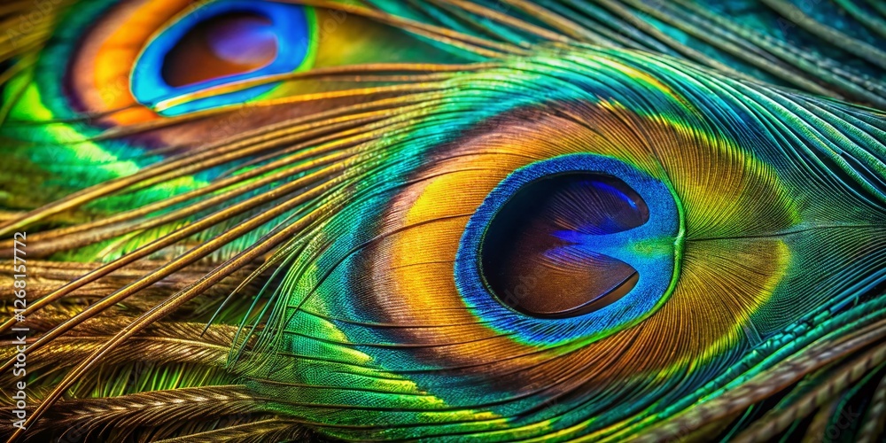 Obraz premium Close-up Vibrant Peacock Feather Eye, Intricate Patterns, Jewel Tones, Long Exposure Photography