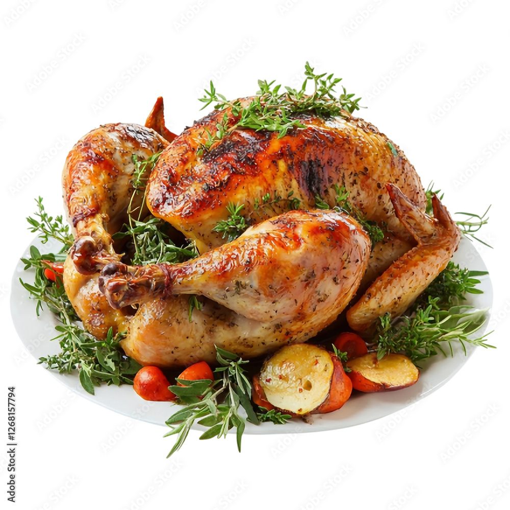 A delicious roasted turkey garnished with fresh herbs and served with roasted vegetables on a white plate. Perfect for holiday celebrations and festive meals. A delicious roasted turkey garnished with fresh herbs and served with roasted vegetables on a white plate. Perfect for holiday celebrations and festive meals.