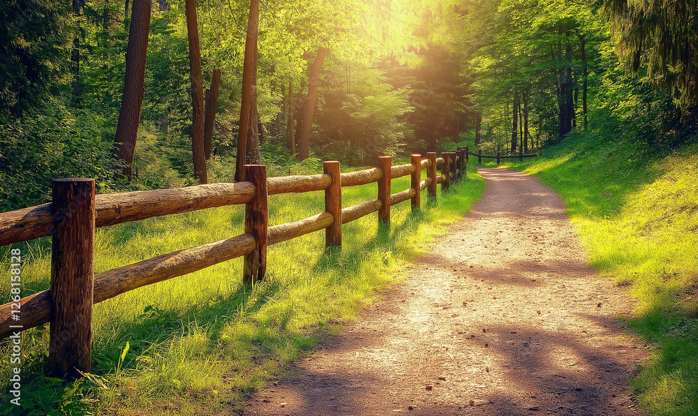 Serene Wooden Beam Fence Framing a Tranquil, Quiet Forest Glade Bathed in Soft Sunlight Ambiance Serene Wooden Beam Fence Framing a Tranquil, Quiet Forest Glade Bathed in Soft Sunlight Ambiance