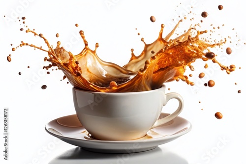 Coffee Splash Top View: Isolated Brown Liquid Burst from Cup on White Background
