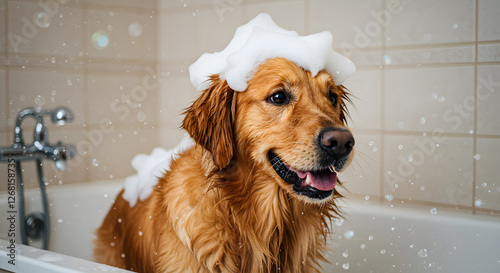 Adorable Golden Retriever Enjoying a Bath Time - A golden retriever, covered in suds and water splashes, sits in a bathtub.
