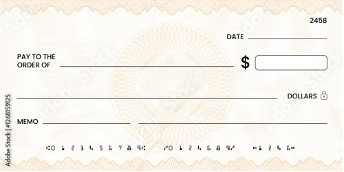 Blank bank check, checkbook cheque template or money payment paper voucher, vector mockup. Business or personal account cash pay cheque certificate or paycheck coupon from checkbook