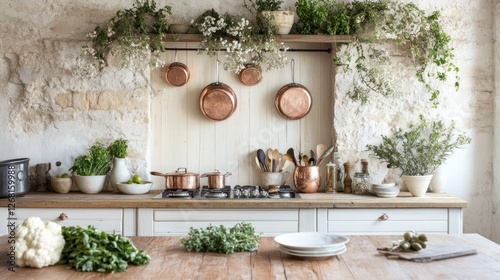 Rustic Kitchen Decor With Copper Pots And Herbs photo