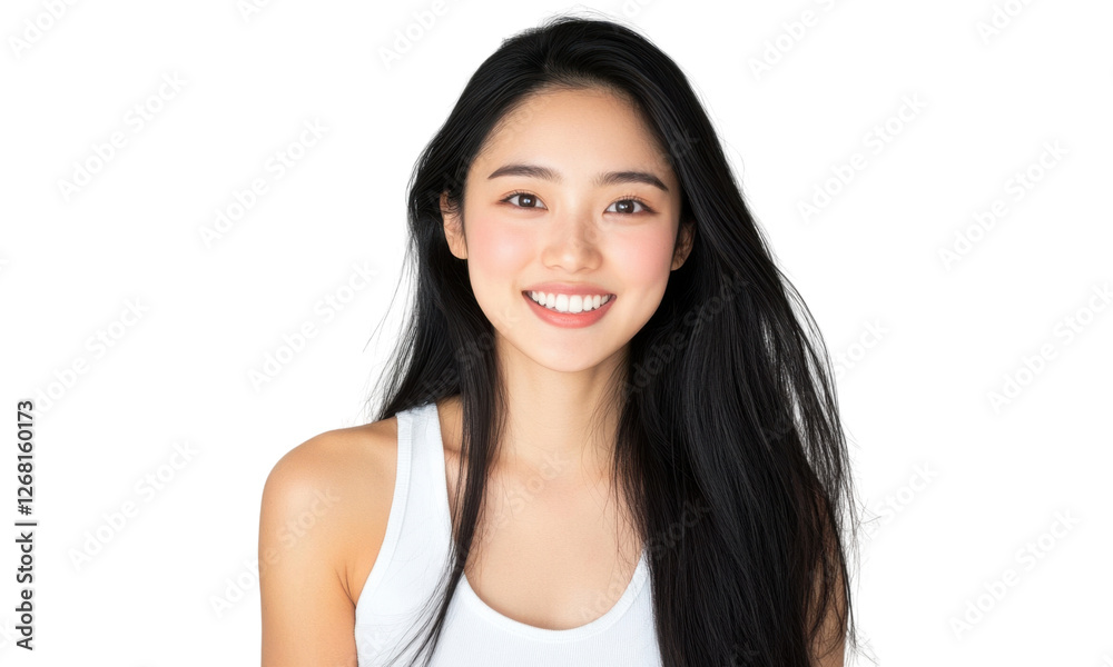 Smiling young woman with long black hair in a bright setting Smiling young woman with long black hair in a bright setting