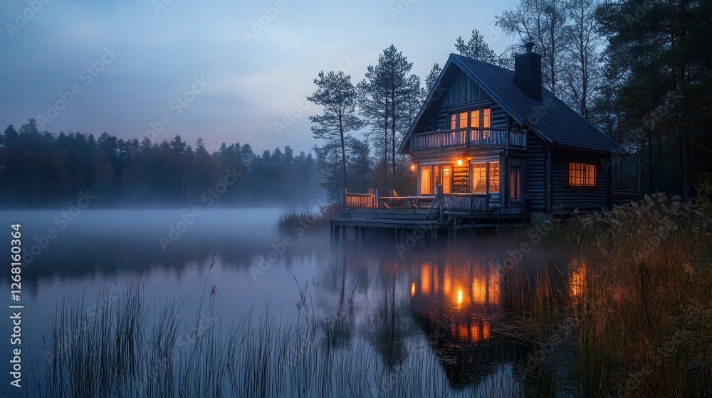Fototapeta premium Lakeside Log Cabin Illuminated at Dusk