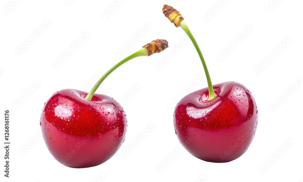 Fresh red cherries with vibrant green stems on a clean background Fresh red cherries with vibrant green stems on a clean background