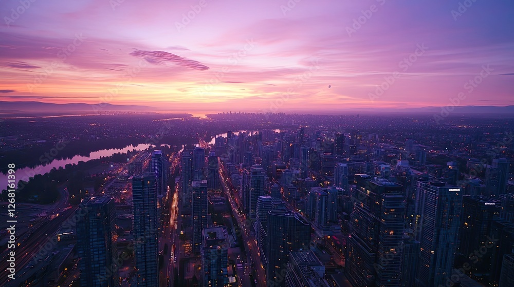 Fototapeta premium City Skyline at Dusk with a River and a Purple Sky
